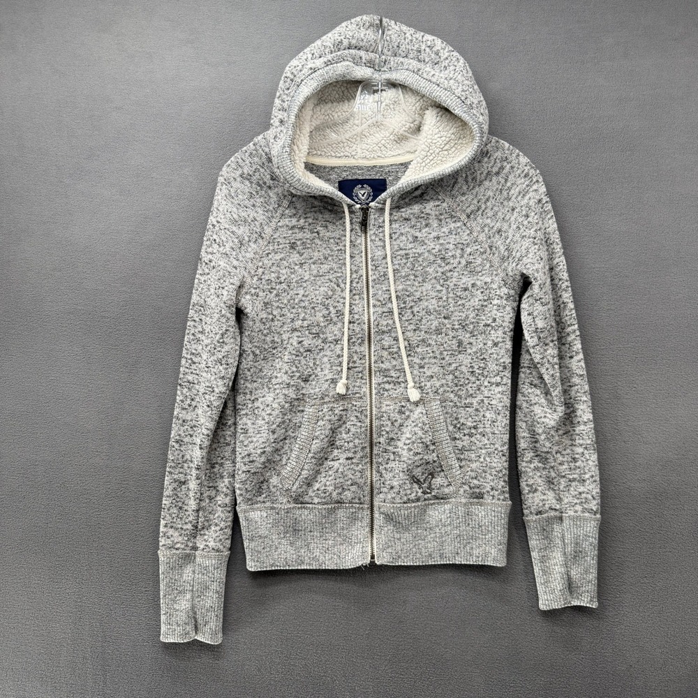 American Eagle Grey Marl Knit Full Zip Sherpa Lined Hoodie Small